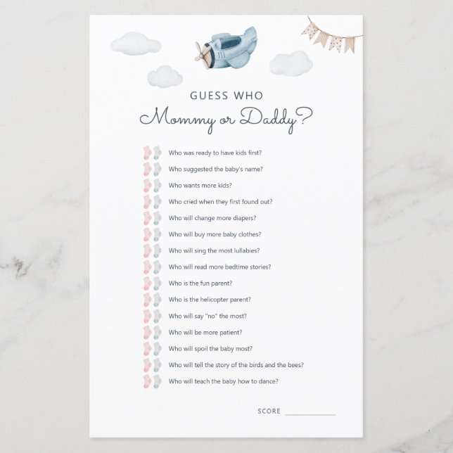 Baby shower Avion Aventure Devinez Qui Joue (Devant)