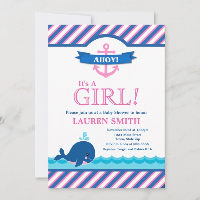 Baby shower baleine Invitation fille rose (Devant)
