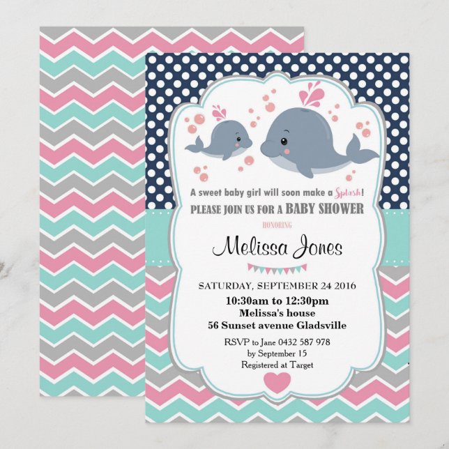Baby shower baleine Invitation personnalisée Fille (Devant / Derrière)