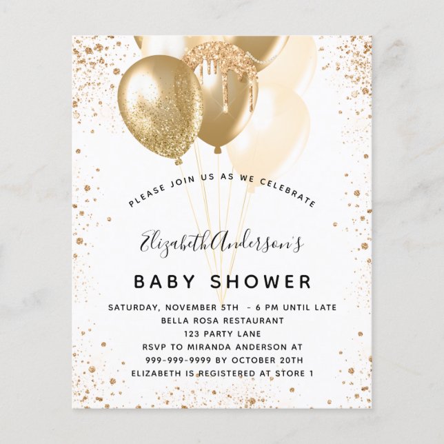Baby shower Ballons d'or blanc  invitation budgéta (Devant)