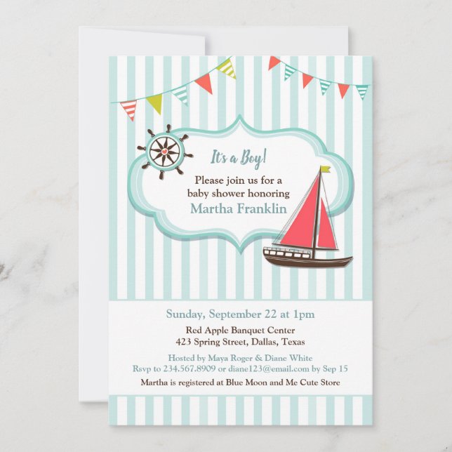 Baby shower Bateau à voile Boy Invitation (Devant)