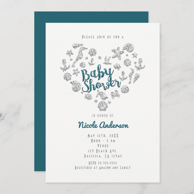 BABY SHOWER Beach Glam Diamond Heart Invitations (Devant / Derrière)