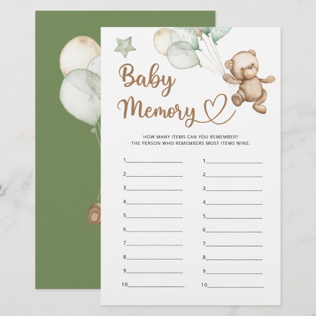 Baby shower bébé Mémoire Teddy Ours (Devant / Derrière)