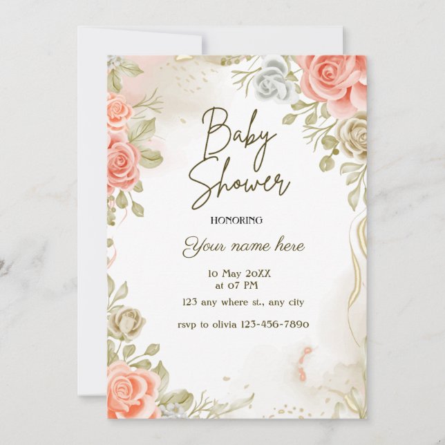 Baby shower beige invitations florales (Devant)
