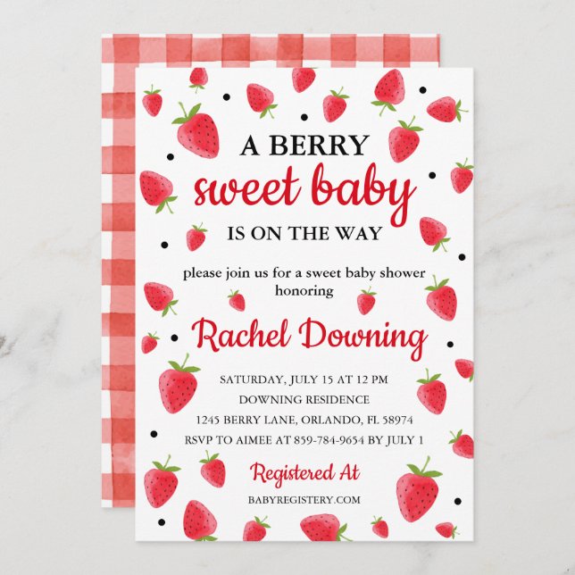 Baby shower Berry Sweet Strawberry Invitation (Devant / Derrière)