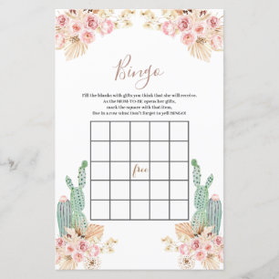 Baby shower Bingo Boho Cactus Fleurs roses