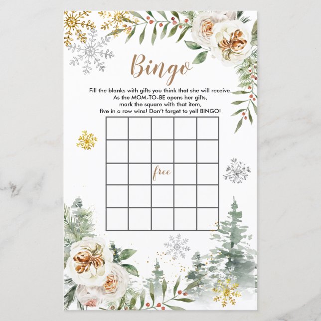 Baby shower Bingo Hiver Blanc Floral Pins Arbres (Devant)