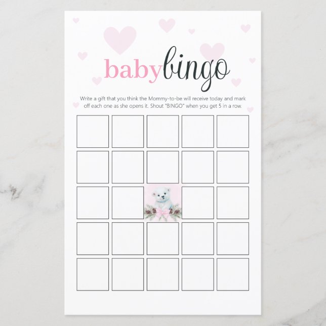 Baby shower Bingo Partie Coeurs roses Bear Cub (Devant)