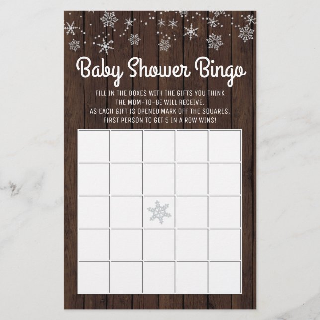 Baby shower Bingo Rustic Snowflake Baby Bingo Card (Devant)