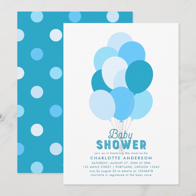Baby shower Bleu Ballons Invitation (Devant / Derrière)