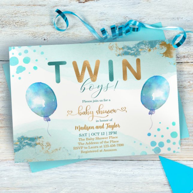 Baby shower Bleu Balloon Or Twin Boy Invitation (Créateur téléchargé)