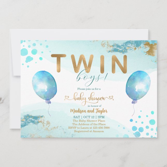 Baby shower Bleu Balloon Or Twin Boy Invitation (Devant)