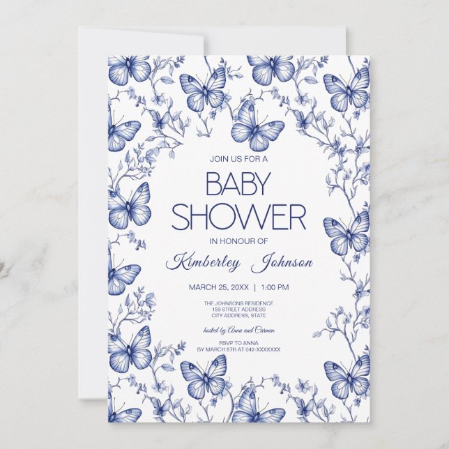Baby shower Bleu Chinoiserie Papillon Invitation (Devant)