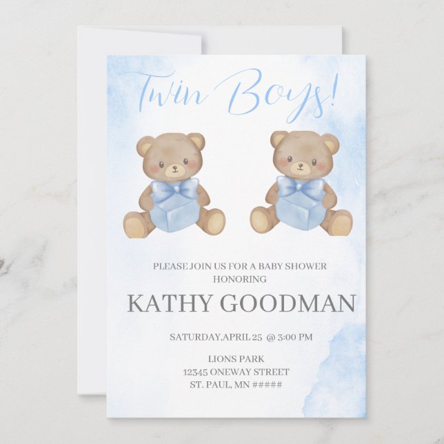 Baby shower bleu Dusty Invitation pour jumeaux gar (Devant)