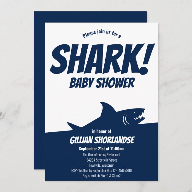 Baby shower bleu foncé requin Invitation (Devant / Derrière)