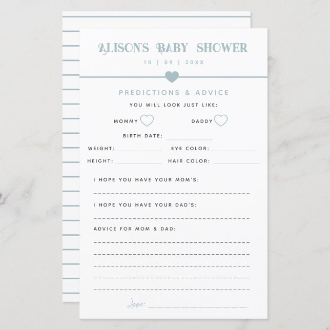 Baby shower bleu moderne Conseils et prédictions (Devant / Derrière)