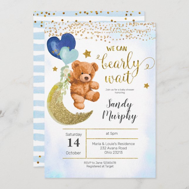 Baby shower Bleu Ours Teddy Invitation (Devant / Derrière)
