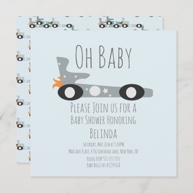 Baby shower bleu Retro Racing Cars (Devant / Derrière)