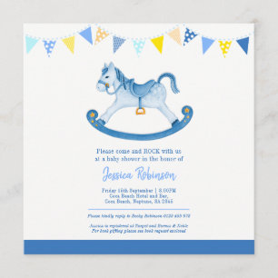 Baby shower bleu rocking cheval carré invitations