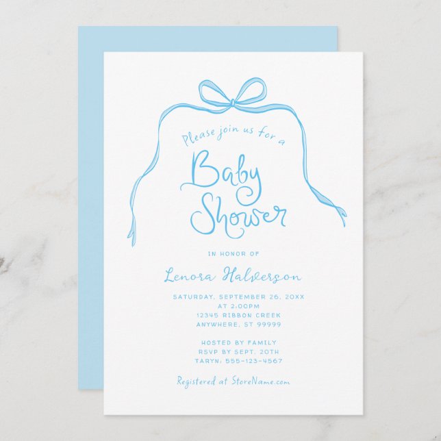 Baby shower Bleu simple Bow Invitation (Devant / Derrière)