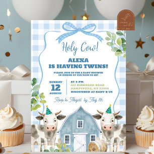 Baby shower Blue Boy Cow Twins Invitation