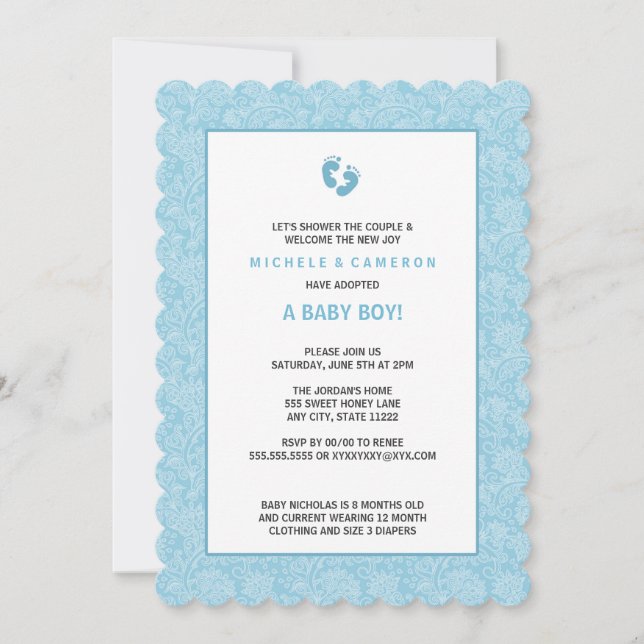 Baby shower Blue Damask Boy Invitation w pieds (Devant)