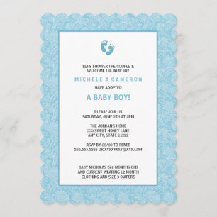 Baby shower Blue Damask Boy Invitation w pieds
