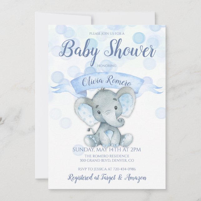 Baby shower Blue Elephant Boy Invitation (Devant)