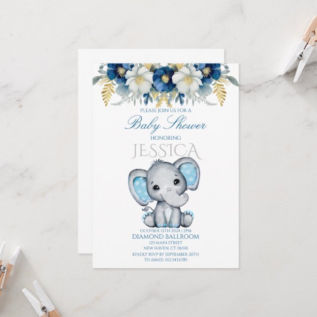 Baby shower Blue Elephant Boy Invitation (Devant/Arrière en situation)