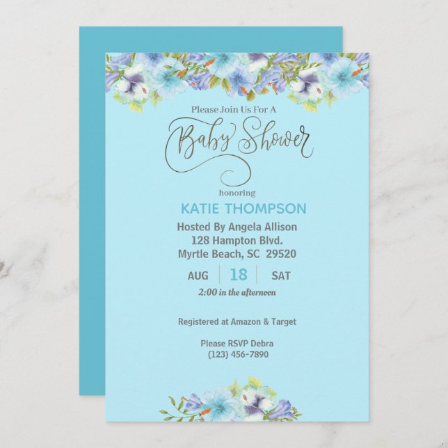Baby shower Blue Floral Boys Invitation (Devant / Derrière)