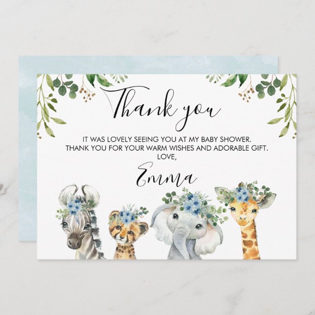 Baby shower Blue Floral Safari Carte de remercieme (Devant / Derrière)