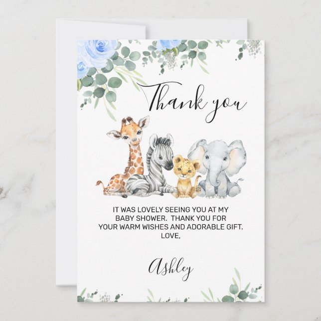 Baby shower Blue Floral Safari Carte de remercieme (Devant)