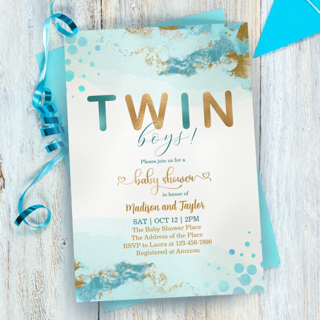 Baby shower Blue Gold Twin Boy Invitation (Créateur téléchargé)