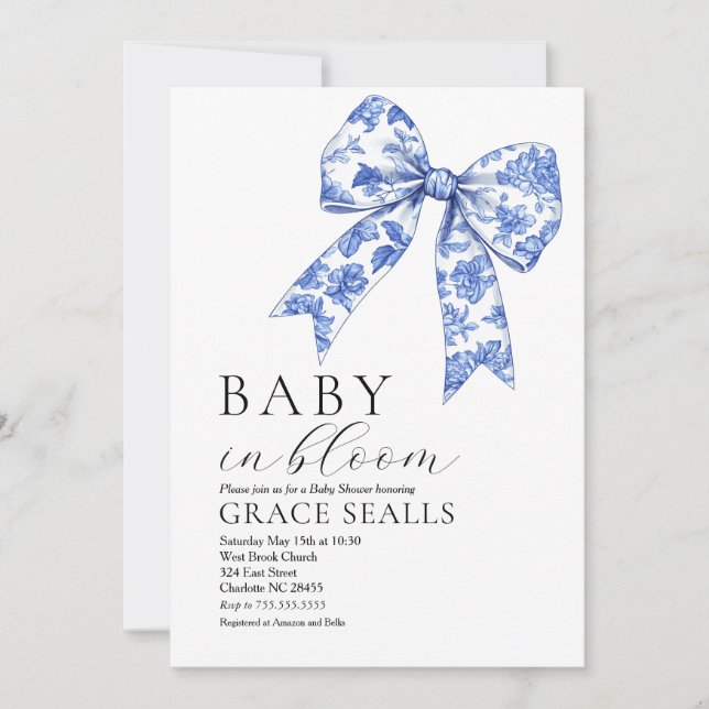 Baby shower Blue Toile Bow invitation (Devant)