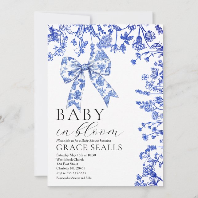 Baby shower Blue Toile Bow invitation (Devant)