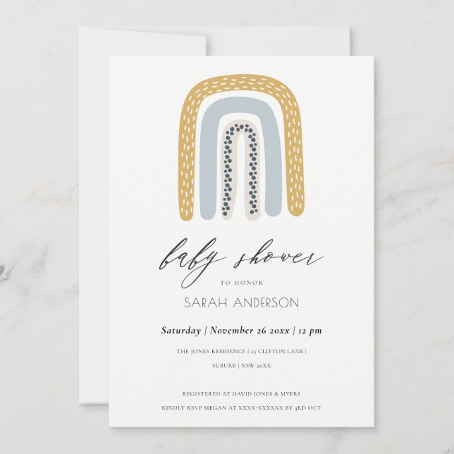 BABY SHOWER BLUSH BLUE HEART RAINBOW INVITATION (Devant)