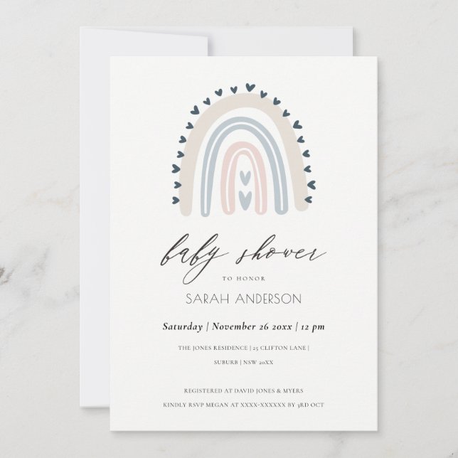 BABY SHOWER BLUSH BLUE HEART RAINBOW INVITATION (Devant)