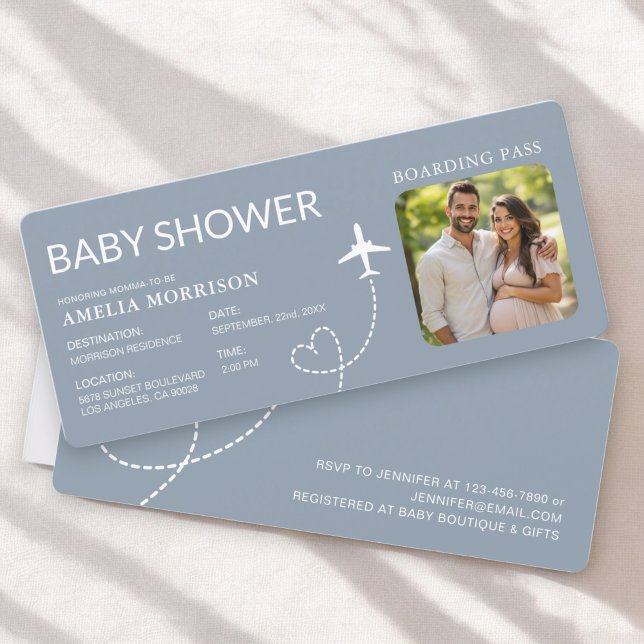 Baby shower Boarding Pass Plane Dusty Blue Ticket (Créateur téléchargé)