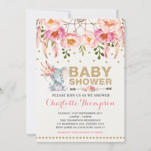 Baby shower Boho Invitation Eléphant Or Rose (Devant)