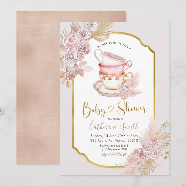 Baby shower Boho Tea Party Invitation (Devant / Derrière)