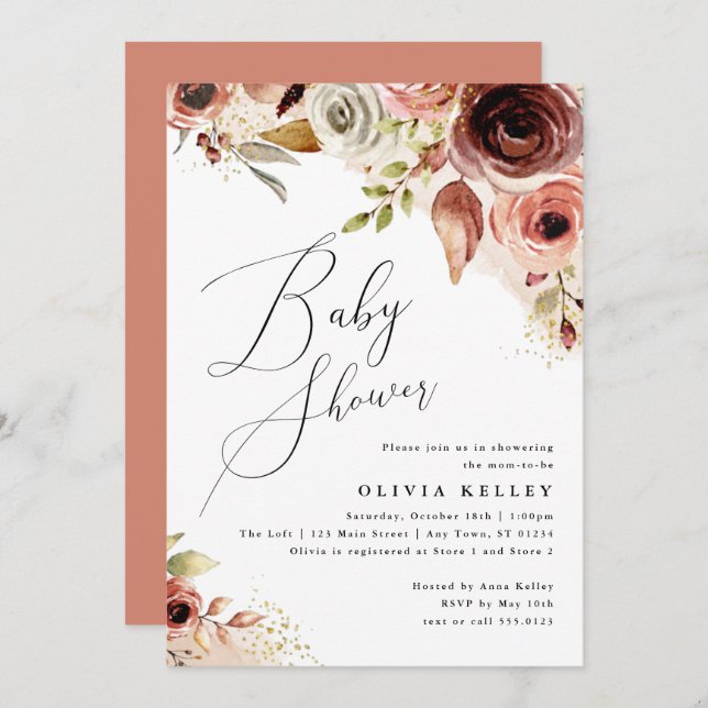 Baby shower Boho, Terme Floral Invitation (Devant / Derrière)