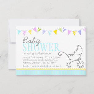 Baby shower bouquet poussette aqua invitation
