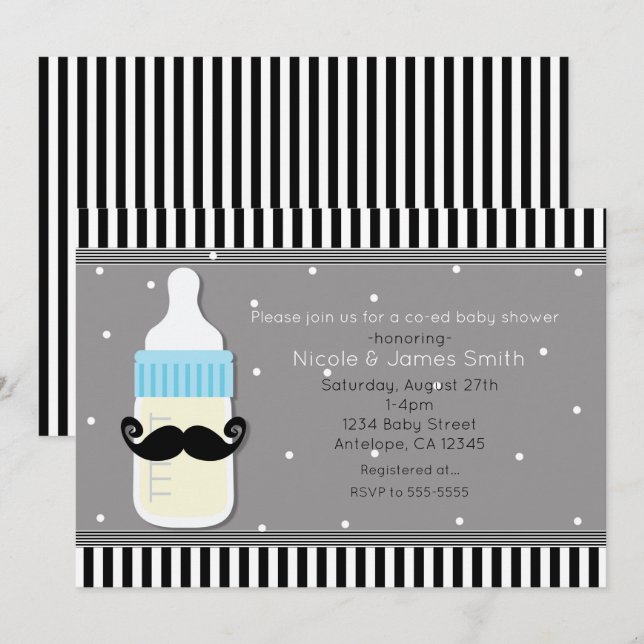 Baby shower Bouteille & Moustache Invitation moder (Devant / Derrière)