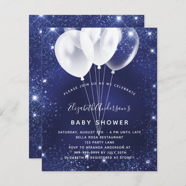 Baby shower budget bleu marine invitation ballon b (Devant / Derrière)