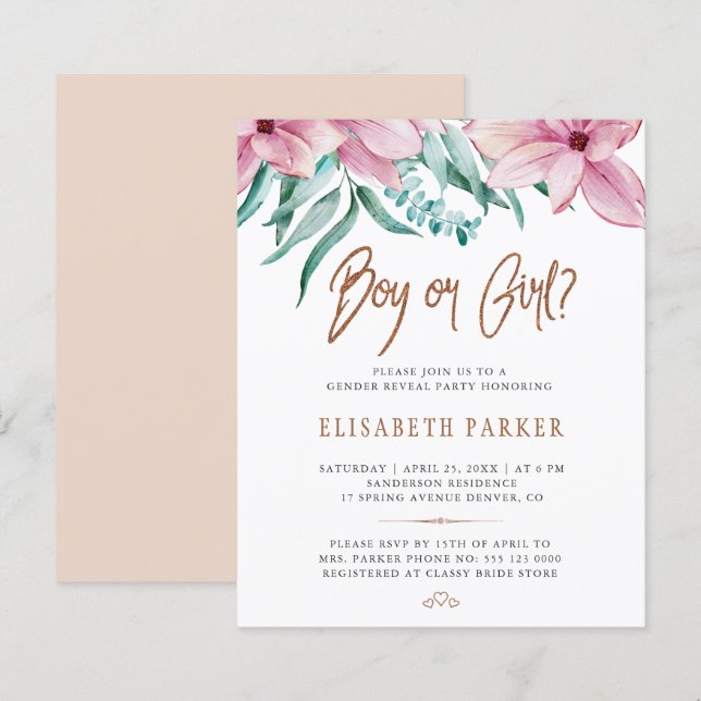 Baby shower budgétaire genre révéler l'invitation  (Devant / Derrière)