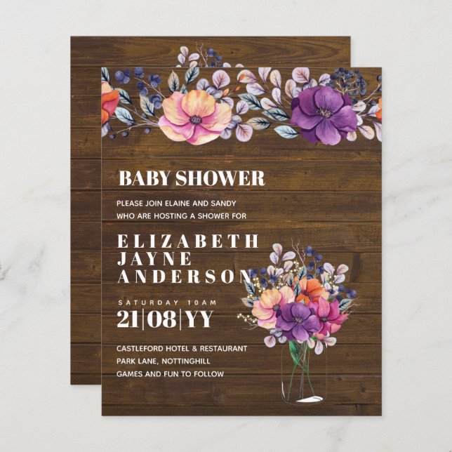 BABY SHOWER BUDGÉTAIRE Invitation Floral violet or (Devant / Derrière)