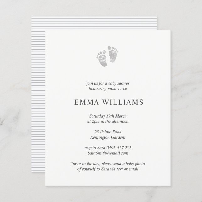 Baby shower budgétaire Invitation Gris Empreinte (Devant / Derrière)