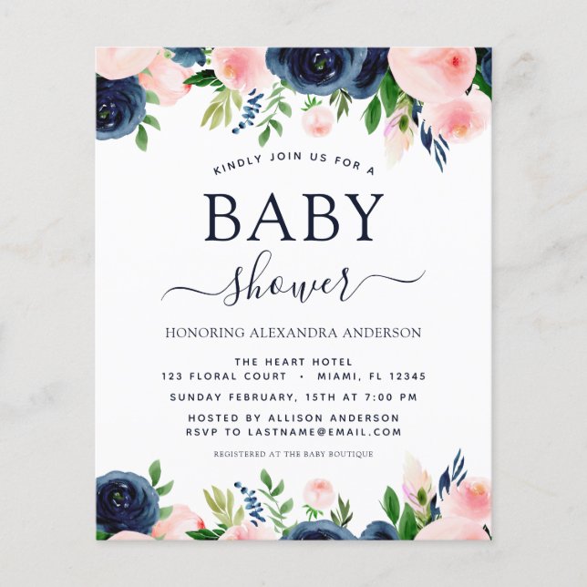 Baby shower budgétaire Invitations florales rose b (Devant)