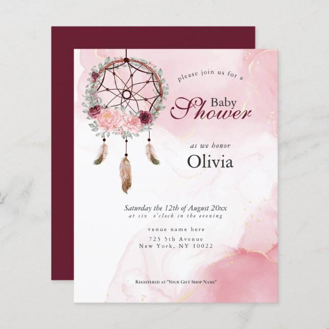 Baby shower budgétaire Pink Rustic Dream Catcher (Devant / Derrière)