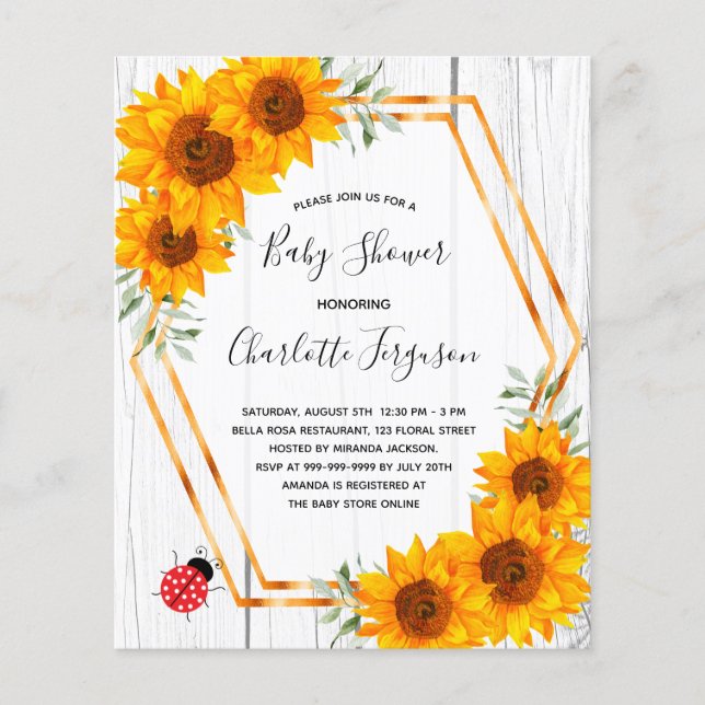 Baby shower budgétaire tournesol ladybug invitatio (Devant)